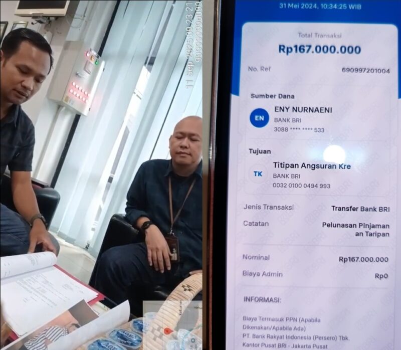 Foto : petugas BRI yang sempat Bisitegang kepada, Ketua LPKSM Krisna Cakra Nusantara, Sugiyono SH, dan jurnalis yang hendak meliput namun dilarang. Serta bukti pembayaran penadah alias cukong yang membawa sertifikat tersebut.
