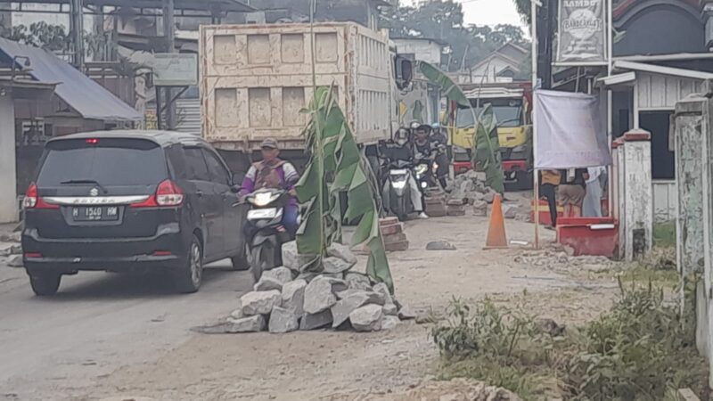 Foto : Jalan yang Rusak Sehingga Ditanami Pohon oleh masyarakat. Diduga karena kendaraan berbuatan berat yang mengangkut Hasil Tambang Galian C