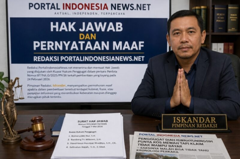 Foto : ilustrasi AI HAK JAWAB KUASA HUKUM PENGGUGAT DALAM PERKARA NOMOR 87/Pdt.G/2025/PN SLT DIMUAT, REDAKSI PORTALINDONESIANEWS.NET SAMPAIKAN PERMINTAAN MAAF